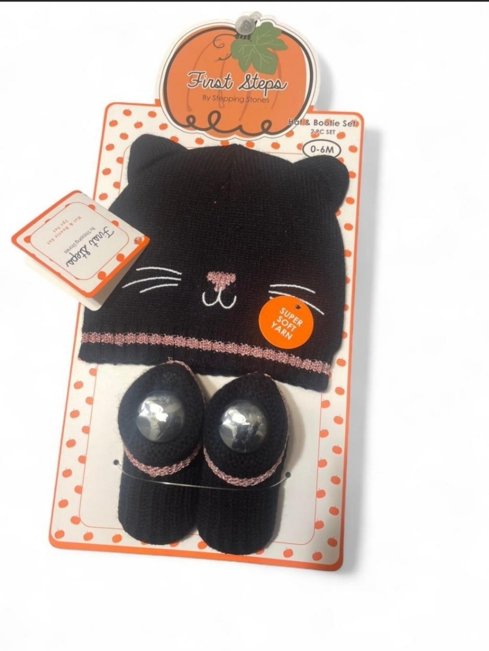 NIP - 0-6 Mos - Cat Black Knit Hat & Booties Set w/ Pink Trim